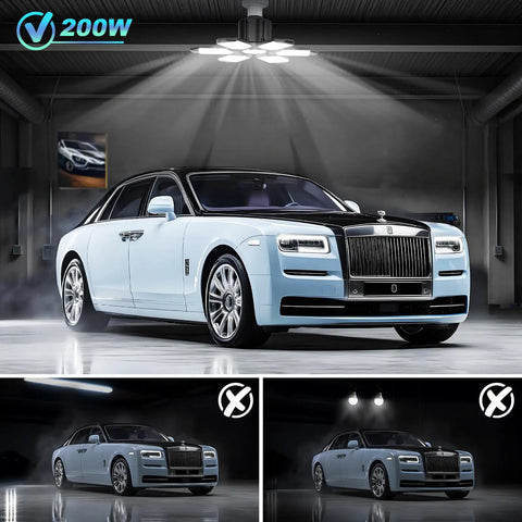 150W LED Garage Light With E26 E27 Base illuminating luxury car in garage, showcasing foldable panels and 360 degree coverage