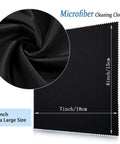 Front view of black microfiber cleaning cloth, 7x6 inches, for glasses and electronics; close-up texture.
