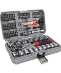 Three Eighths Inch Socket Set, Sixty-Four Piece Ratchet Wrench Kit With 72-Tooth Ratchet And Bit Driver in open gray case