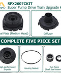 Durable Pool Pump Drive Train Upgrade Kit For SP1600X Series, 1 HP Replacement Compatible With Hayward Superpump, Fits SP1605X7 SP1607X10, Easy Swap With Leak Tight Gasket And Shaft Seal. Five-piece set with impeller, diffuser, seal plate, gasket, and shaft seal.