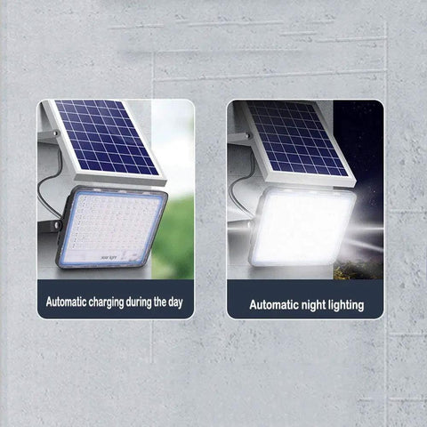 Hella Bright 200 Watt Solar Flood Light With Integrated Remote And Badass IP67 Waterproof Shell, showcasing solar panel and bright lighting.