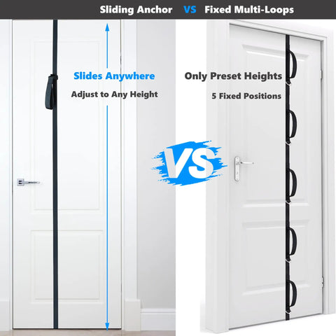 Slick Sliding Door Anchor For Resistance Bands Featuring Legit Height Adjustments for seamless gym use and comparison with fixed multi-loops.