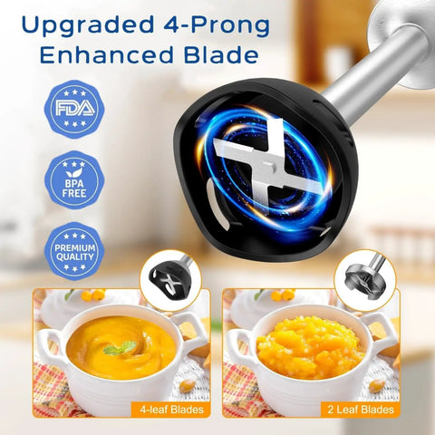 Close-up of a 4-prong blade from the Powerful 1000W Immersion Blender 5 In 1 Handheld Electric Mixer with soup bowls.