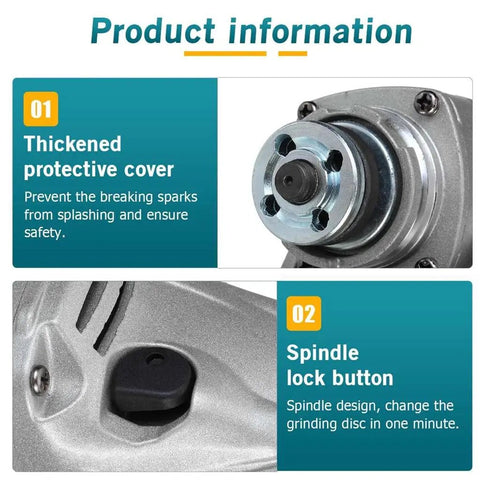 Heavy Duty Brushless Angle Grinder Featuring Four Variable Speed Modes And A Rock Solid Grip Built For Tough Diy Carpentry And Rapid Metal Cuts Zero Hassle When Paired With Common 18V Battery Packs showing thickened protective cover and spindle lock button.