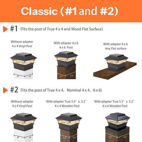Dimensions and installation options for 8 Pack Solar Post Cap Lights for Flat Surfaces and 4x4 Vinyl Posts Also Fits 4x6 Wood Sits On Top.