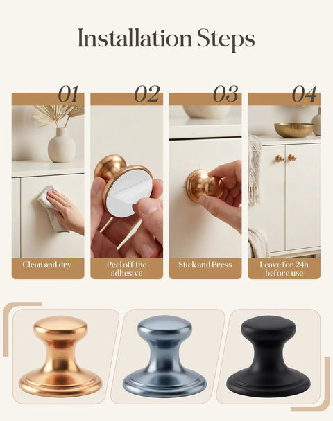 Installation steps for Two Pack Grey Aluminum Drawer Knobs With Peel And Stick Adhesive, no drilling, showcasing cleaning, peel, stick, and finish.