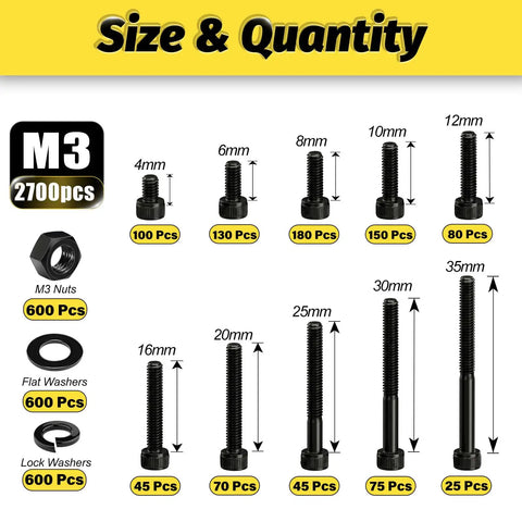 M3 Hex Socket Cap Screw Assortment Kit Black Nuts Flat Lock Washers And Hex Key Spanner For 3D Printing sizes and quantity chart