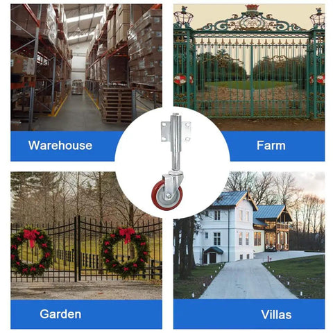 4 Inch Heavy Duty Gate Casters With Spring Shock Absorber Polyurethane Swivel Wheels shown in various outdoor settings.