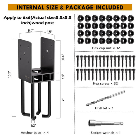 Four Pack Heavy Duty Post Base Anchor Bracket Kit For 6x6 Wood Posts With Air Flow Channel For Wet Concrete Foundations Anti Rust Stainless Steel Construction Ideal For Deck Railing Fence And Gazebo Projects