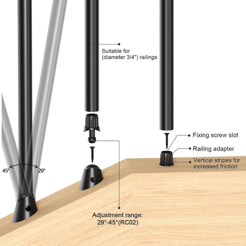 No Sweat Setup 100 Pack 26 Inch Round Aluminum Deck Balusters showing black anodized spindles and adjustable fittings for railings.