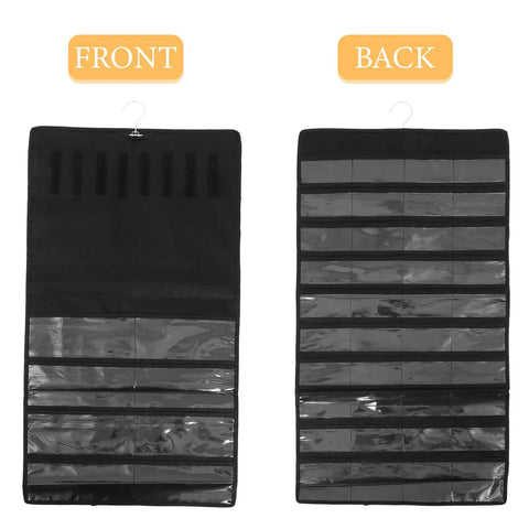 Double Sided Jewelry Hanging Storage Organizer Bag For Closet With Pouch Keeps Watches Ties Hair Accessories Locked Away For Hella Neat Dresser Vibes Forever, showing front and back view, black fabric with clear pockets.