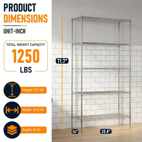 Dimensions of Solid As A Rock Five Tier Wire Shelving In Chrome Finish Hella Roomy Storage Rack, 71.7x35.8x14 inches.