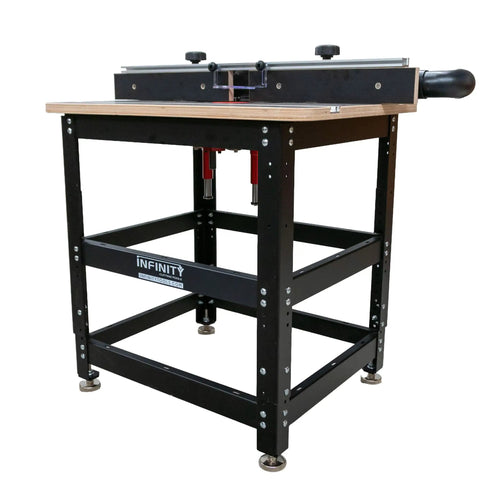 Rock Solid Birch Plywood Router Table Workhorse Featuring Precision Manual Lift Dial And Seamless Aluminum Fence Paired With Heavy Duty Steel Stand, side view of sturdy black frame.