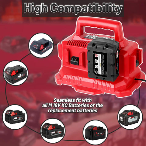 Six Port 18V Battery Charger Station For M18 Tools shown with various batteries, wall-mounted design, high compatibility.