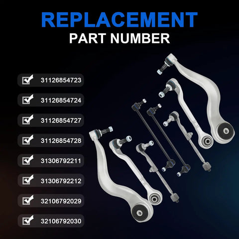Heavy Duty Front Lower Control Arm Suspension Kit 8 Piece Set With Ball Joints Bushings For BMW F30 F31 replacement part numbers listed