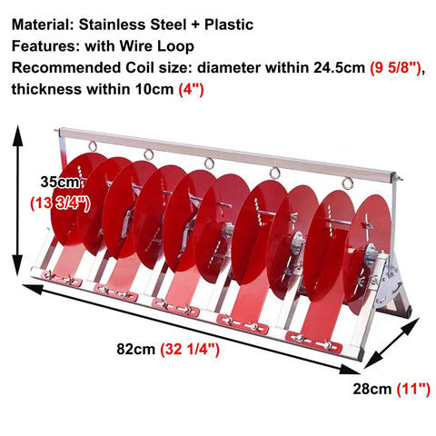 Collapsible Wire Spool Rack Cable Caddy with stainless steel frame holding multiple red spools, portable wire organizer stand
