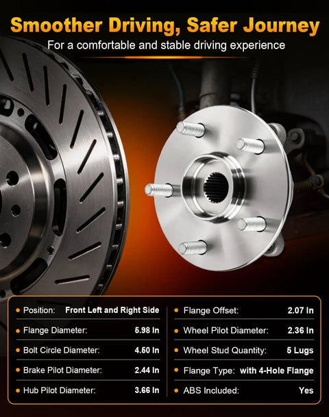 Built Tough 2 Pcs Front Wheel Hub And Bearing Assembly 5 Lug With Abs showing measurements and details for installation.