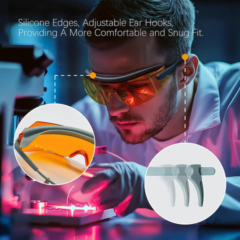 Top Shelf Laser Safety Glasses With Od6 Plus Uv400 Filter For Tattoo And Pmu Removal Techs, featuring adjustable silicone ear hooks and snug fit.