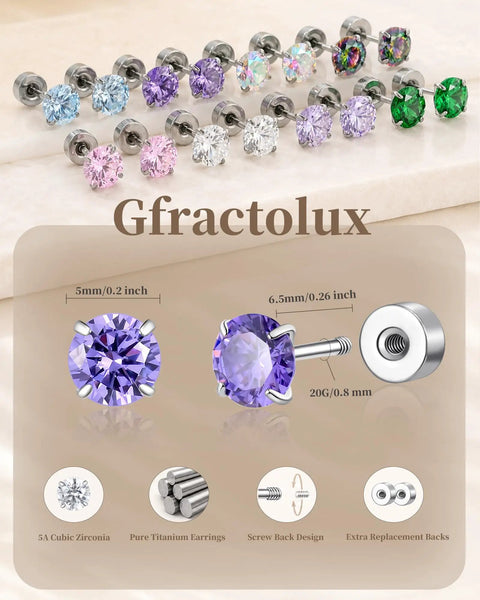Zero Irritation G23 Titanium Flatback Earrings With Dazzling Cubic Zirconia Studs For Sensitive Ears And Fresh Piercings Butter Smooth Hypoallergenic 5Mm Jewelry on display with various colors and sizes.