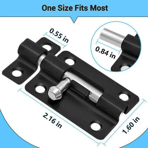 Two Pack Door Lock Latch Slide With Keyless Entry For Inside And Outside Doors Barrel Bolt Thickened Heavy Duty Steel Easy To Install Gate Latch Lock With Twelve Screws Built Tough, showing dimensions and black finish.