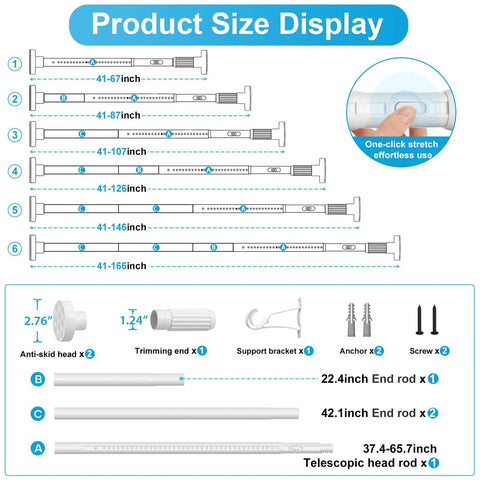 Product size display for Extra Long No Drill Tension Curtain Rod Extends From 40 To 166 Inches Heavy Duty Adjustable Rod