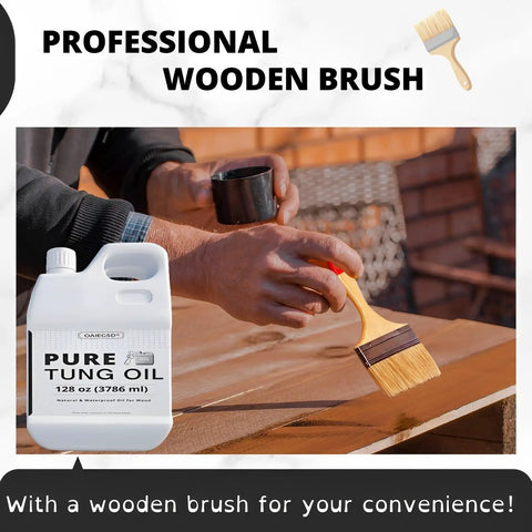 Person applying Pure Tung Oil For Wood Finish With Included Brush, No Fuss Food Grade Outdoor Sealer, 128 Fl Oz to table