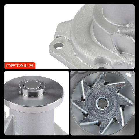 Heavy Duty Drop In Engine Water Pump Replacement For Chrysler Sebring Dodge Stratus Mitsubishi Eclipse Galant L4 2.4L With Seal Gasket close-up showing aluminum casing and metal impeller.