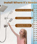 Dual Shower Head System With 8 Inch Square Rainfall Head And Handheld Spray 60 Inch Hose 3 Way Diverter Wall Mount Bracket Brushed Nickel Finish For A Dope Spa Like Bath Upgrade with height chart illustration