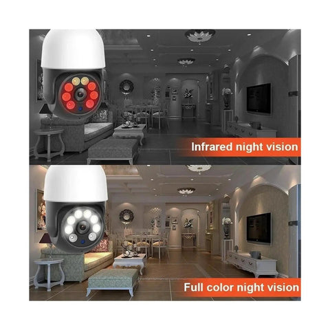 5MP PtZ Security Camera With E27 Bulb Socket Dual Band Wifi showing infrared and color night vision features in a room setting.