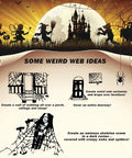 Illustration of Premium Super Stretchy Halloween Spider Webs Covering 1400 Square Feet With 150 Extra Fake Spiders used in spooky setup ideas.