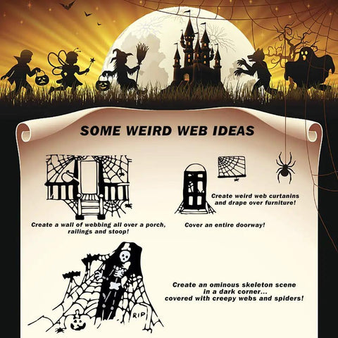 Illustration of Premium Super Stretchy Halloween Spider Webs Covering 1400 Square Feet With 150 Extra Fake Spiders used in spooky setup ideas.