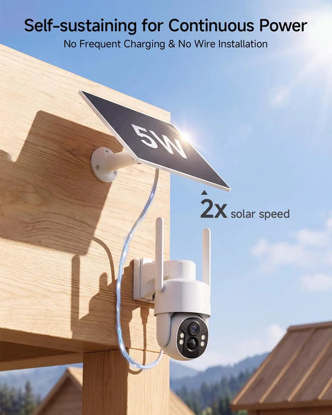 Solar Powered Cellular Security Camera With Dual Wifi And 4G LTE Connectivity For Wireless Outdoor Surveillance Featuring No Fuss Installation And Holds Its Ground Anywhere mounted on wood with solar panel.