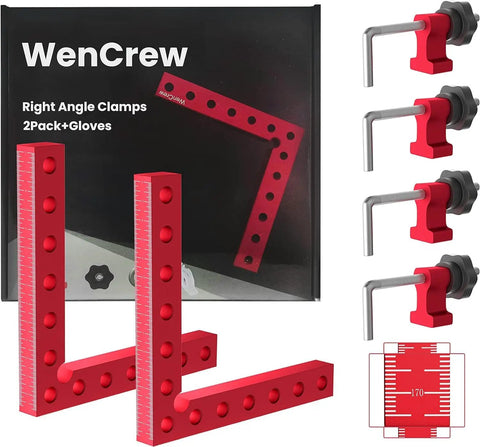 Corner Clamps For Woodworking 4 Pack 90 Degree Right Angle Aluminum Squares 5.5 Inch For Cabinets Drawers Frames And DIY Projects Great Gift For Men Dads And Makers Who Need Solid Holds And Precise Glue Ups displayed with packaging.