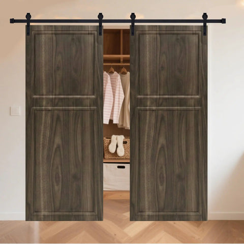 Top Shelf Heavy Duty Sliding Barn Door With Complete Hardware Kit Included Hella Smooth Gliding Double Track System For Interior Closets Easy No Sweat Setup, double panel design in wood finish.