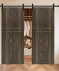 Top Tier Double Sliding Barn Door With Track And Complete Hardware Set For Closets Slick Slide American Made HDF Core, wood finish, modern closet design.