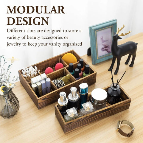 Stackable Rustic Burnt Solid Wood Vanity Organizer Trays 2 Piece Grab And Go Countertop Storage Caddy with cosmetics organized.