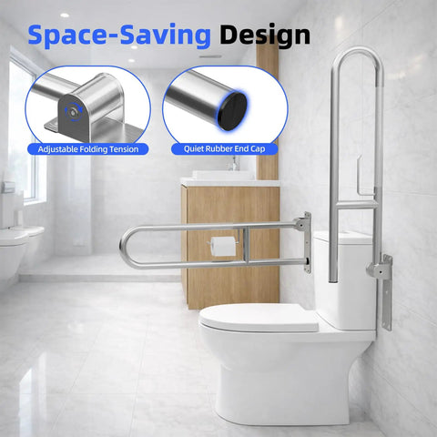 Built Tough 304 Stainless Steel Bathroom Grab Bar With Heavy Duty 510 Lb Capacity Fold Up Anti Slip Toilet Safety Rail And Rustproof Wall Mount Support For Seniors in modern bathroom with adjustable folding design.