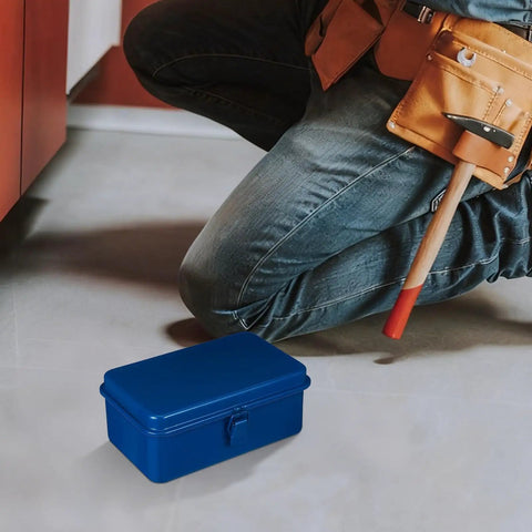 Heavy Duty Metal Tool Box Portable Mechanic Storage Chest For Car Trunk Workbench Organizer Built Tough Pro Rig Sturdy Gear Holder with Lid, blue color
