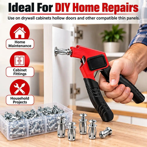 Tough As Nails Heavy Duty Petal Jack Nut Kit M4 M5 M6 Hollow Wall Anchors in use with setup pliers on cabinet fitting.