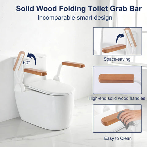 Hella Strong Toilet Safety Rails For Seniors With Badass Flip Up Armrests And Built Like A Truck Carbon Steel Frame, Tight Adjustable Grab Bar Setup For Bathroom Security, Brown Finish, featuring a solid wood folding grab bar.