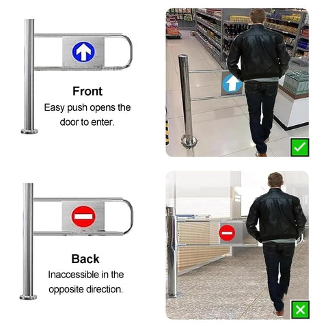 Heavy Duty Automatic Rebound Swing Gate Built Tough With Smooth Rolling Springs One Way Self Closing Security Door for Factory Walk Through Access Control Setup, front and back views with user.