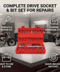 Knock Out Tough Shop Tasks With This Badass 3/8 Inch Drive 36 Piece Socket Ratchet Wrench Set Packing Smooth Chrome Steel Extensions And Universal Joints For Every Home Garage Project in a red plastic case on a workbench.