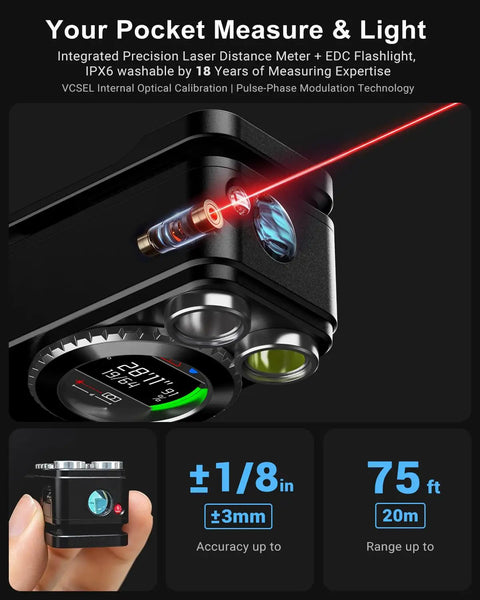 Solid Build Clip On Flashlight Featuring Straight Shooting Laser Distance Meter And Dope White Red Beams Usb C Rechargeable Magnetic Work Light With Plug And Play Operation For Emergency Prep And Weekend Diy Chores close-up showing precision laser and digital screen.