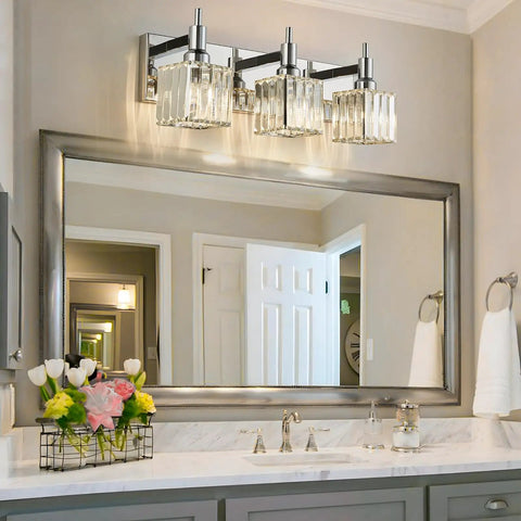 Modern Crystal Bathroom Vanity Light 3 Light Chrome Wall Sconce Over Mirror With Square Shade Luxurious Glass Crystal Bath Fixture