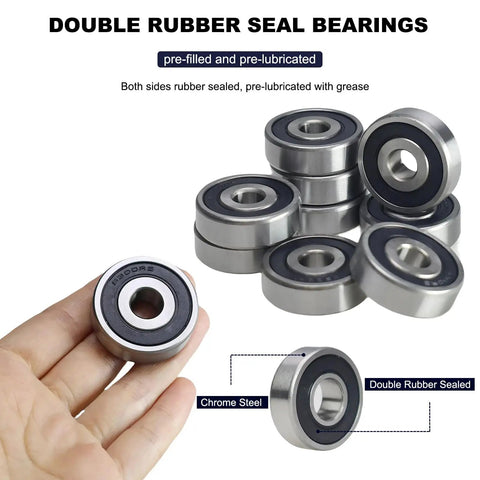 10 Pack 6300 RS Double Rubber Sealed Deep Groove Ball Bearings Pre Lubricated shown in hand, highlighting chrome steel and rubber seals.