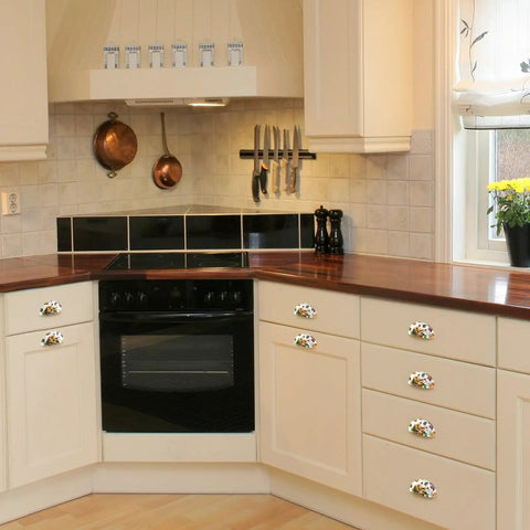 Kick Your Cabinetry Up A Notch With These Slick Autumn Cup Cabinet Handles, Thanksgiving Print, Durable PBT Body, Stainless Steel Screw Set For Quick Drawer Makeovers in a kitchen setting.