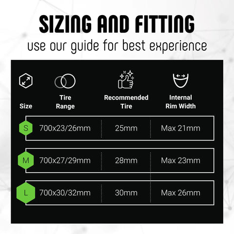 Sizing chart for Air-Liner Road Insert For Tubeless-Ready Road Bike Tires With Run-Flat Tech And Durable Bead Lock At Low Pressures