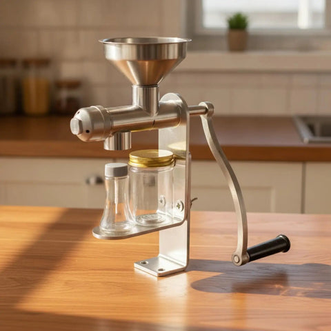 Top Tier Manual Oil Press For Home Use 403 Stainless Steel Hand Crank Nut Extractor with clear jars on wooden countertop.