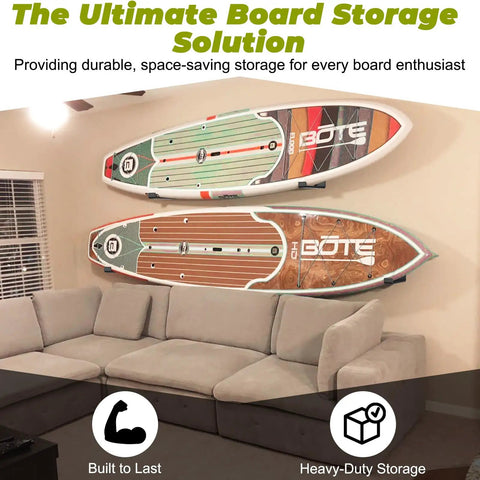 Heavy Duty Steel Surfboard Wall Mount Rack For Vertical Display holding two surfboards above a couch in a living room.