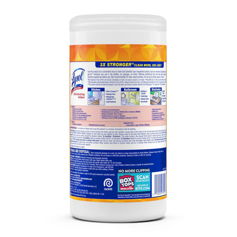 Back label of Lysol disinfecting wipes showing product details and usage instructions.